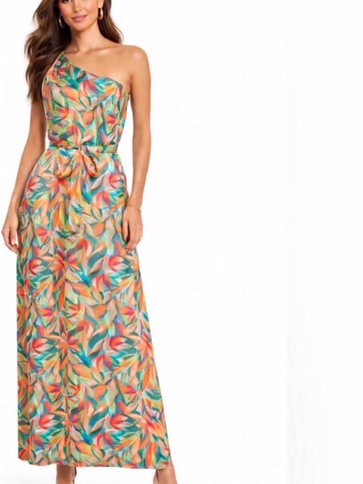 Nicole Miller One-Shoulder Leaf Print Maxi Dress Teal, Coral, Yellow